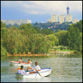 Johannesburg, Gauteng: Zoo Lake, with the Hillbrow Tower and Johannesburg Hospital