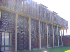 The three-storey addition to the jail, with metal shade sheets 