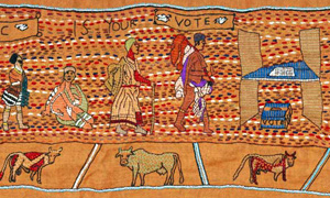 Keiskamma Tapestry: people queuing to vote in the 1994 democratic elections