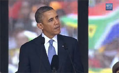 US President Barack Obama speaks at the memorial service for Nelson Mandela 