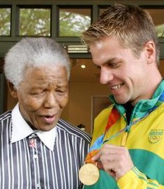 Nelson Mandela and Ryk Neethling Mandela, Ryk, Neethling, swimming, swim, World, Cup, Roland, Schoeman, Madiba, South, Africa, Nelson